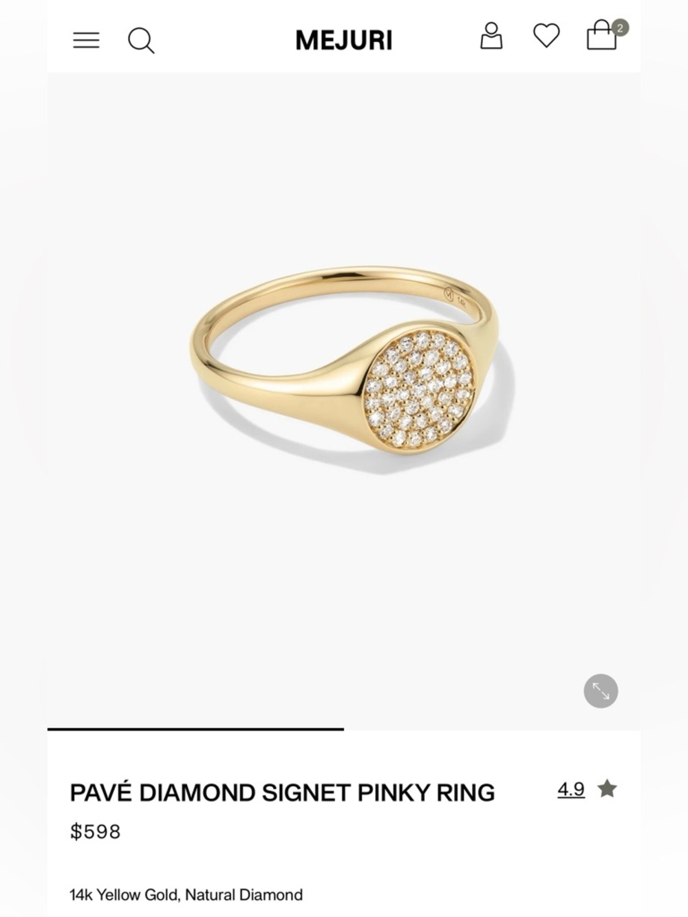 NEW Mejuri Pavé Diamond Signet Ring, Size 5